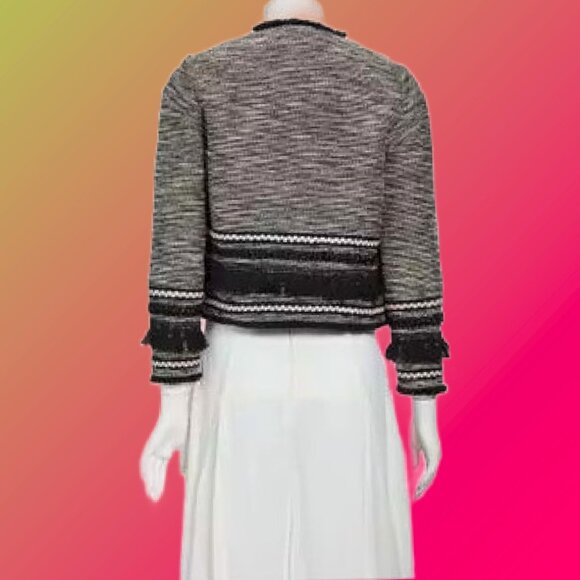 H&M Black White Tweed Open Front Collarless Short Jacket Fringe Accents Sz 8 NEW - Picture 4 of 6